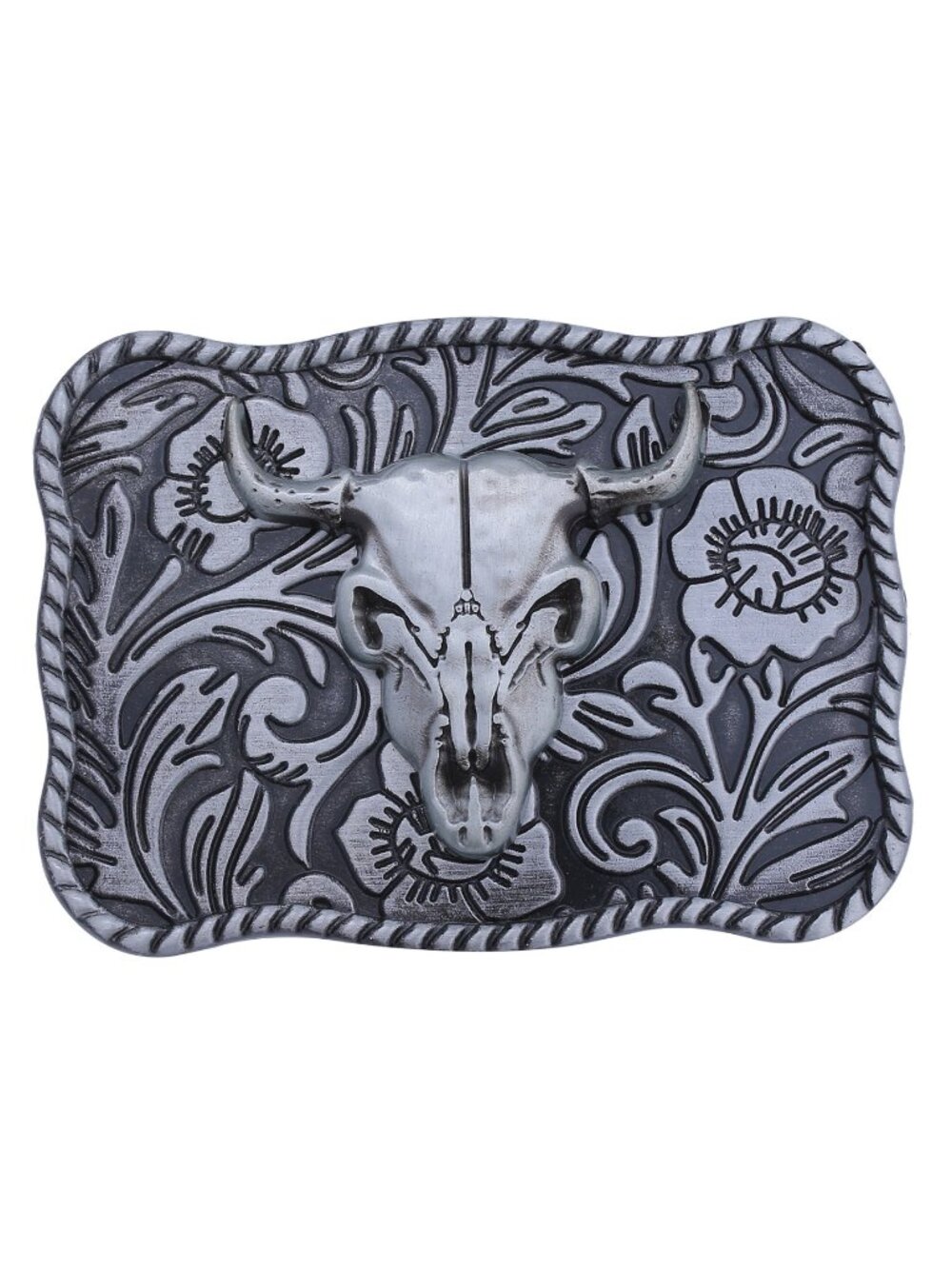 Silver Skull Horns Western Bull Skull Belt Buckle Engraved Cowboy 3.5 x 2.5